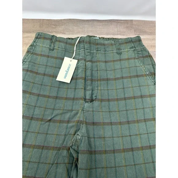 Sundance Ankle Pants Womens Size 2 Sage‎ Green Plaid Linen Blend High Waist - Picture 2 of 12